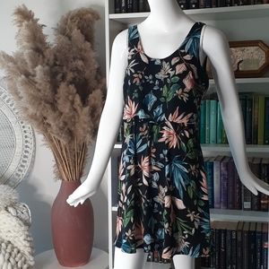 Lush Black Floral Mini Dress with Pink, Blue & Green Leaves